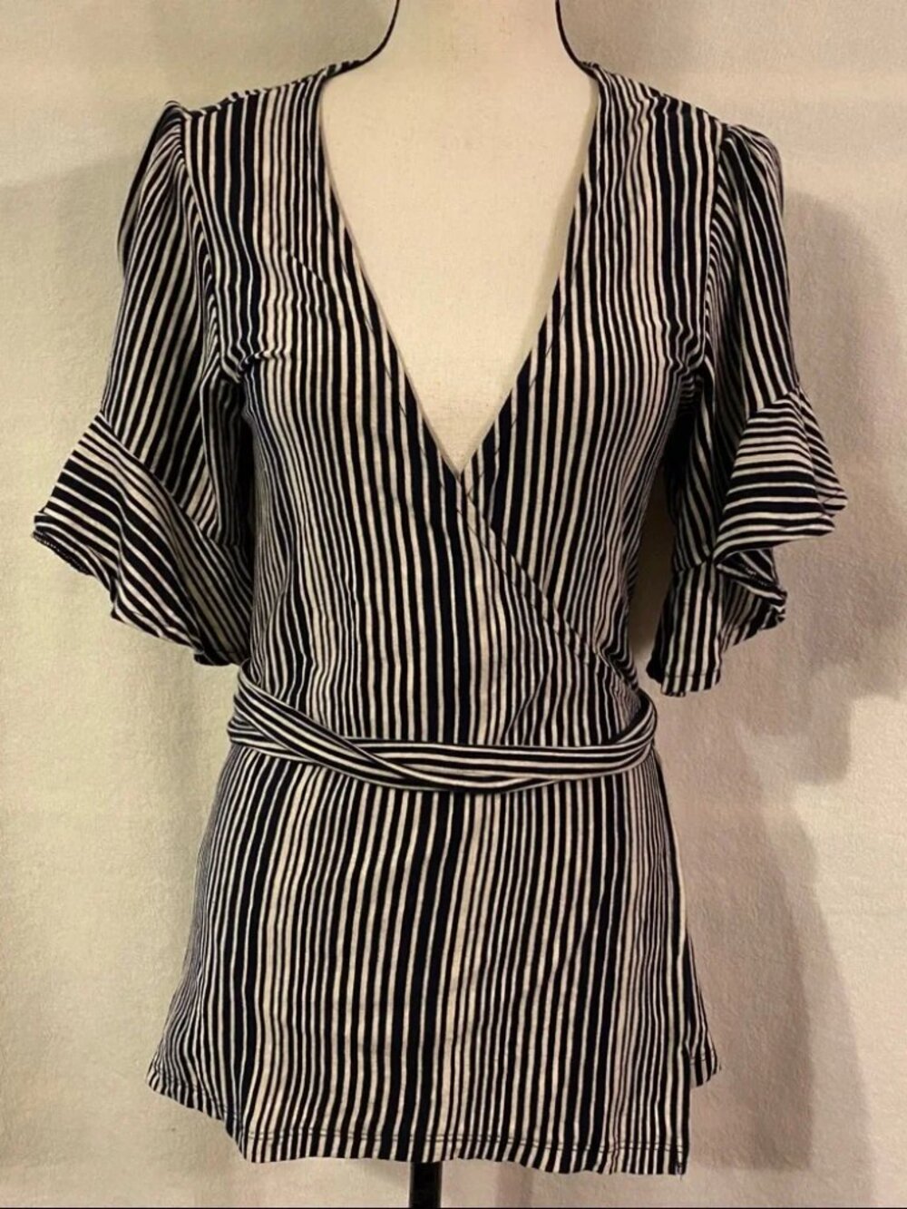 Free People black tan striped ruffle sleeve Wrapped Around My Finger wrap top